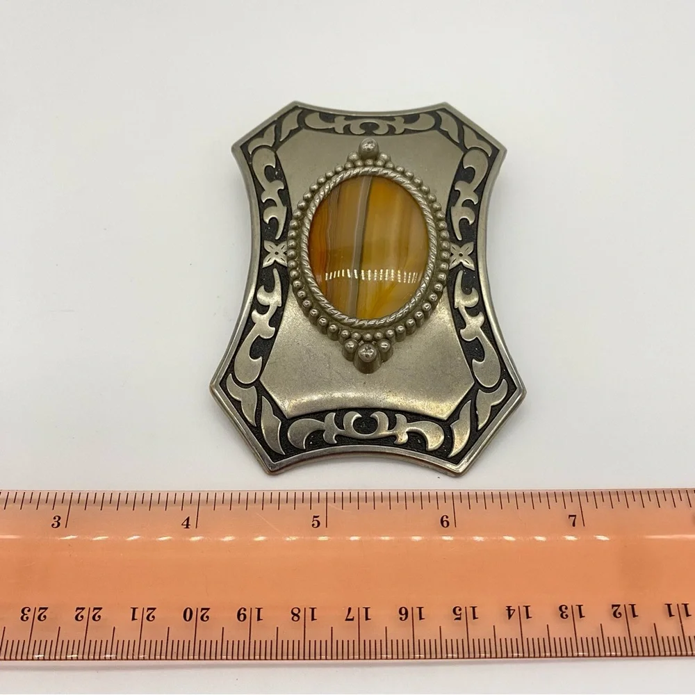 Western Silver Tone Belt Buckle Faux Banded Amber Agate & Black Scrollwork